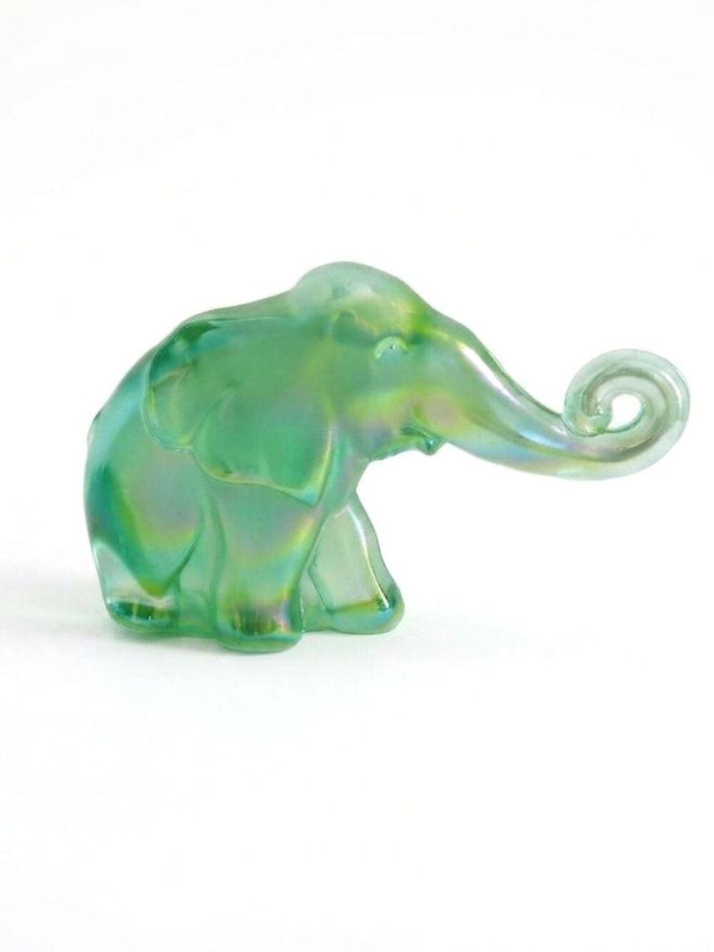 Vintage Heisey Imperial Glass Green Iridescent Elephant 7" Lucky Animal